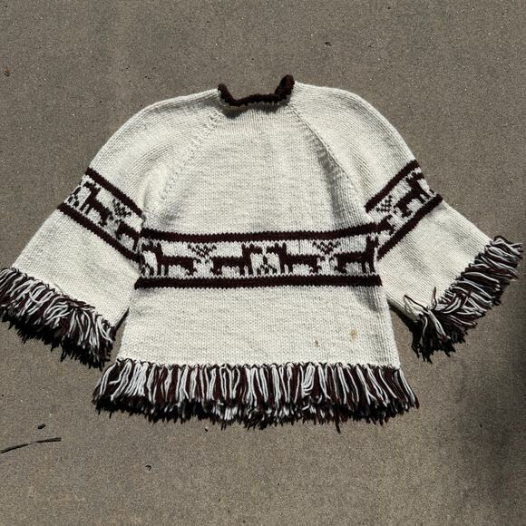 Vintage 80's Peruvian Alpaca Wool White Brown Fringe Pullover Sweater Sz Large - Picture 1 of 9